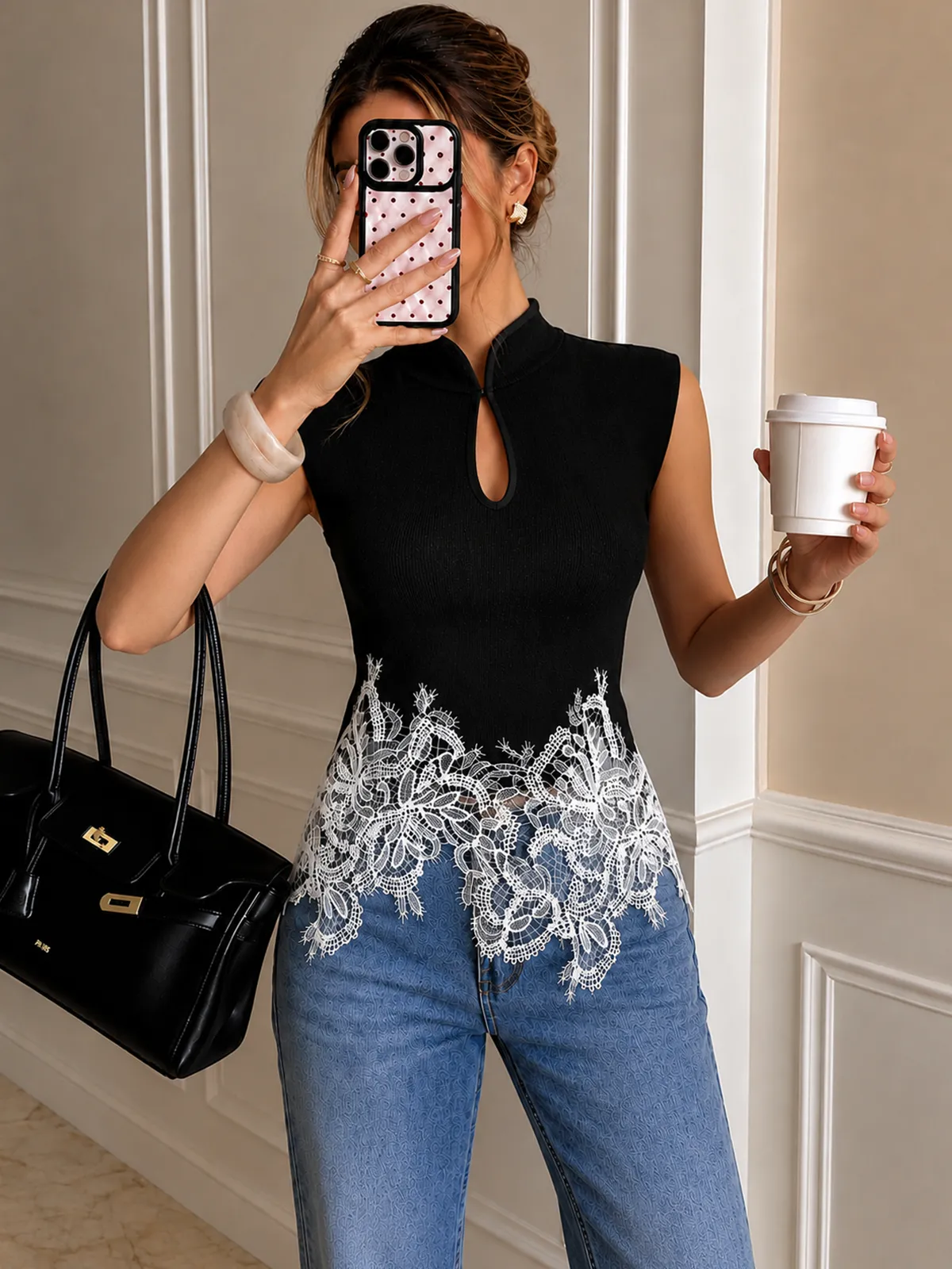Keyhole Neck Lace Hem Tank Top sold by COMMENSE