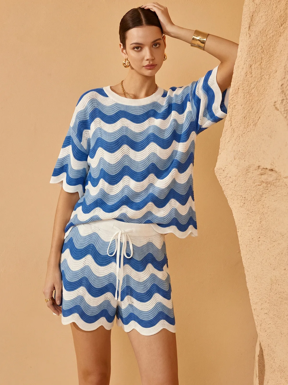 Wavy Knit Two Piece Shorts Set sold by COMMENSE