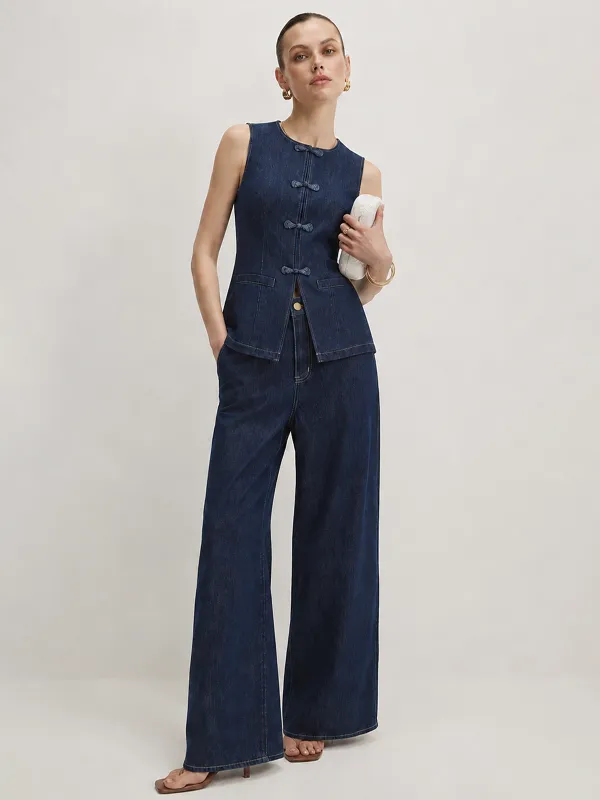 Frog Button Denim Two-Piece Pants Set made by COMMENSE