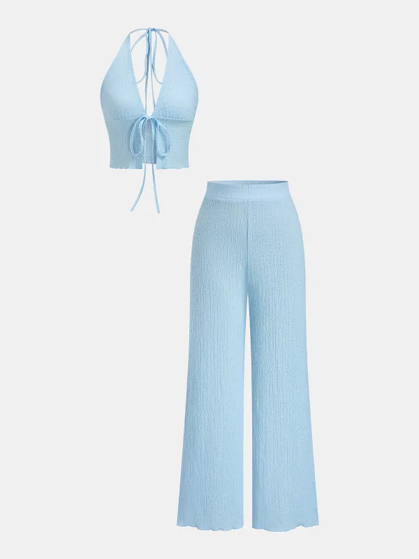 Textured Halter Tie-Front Top & Pants Set made by COMMENSE