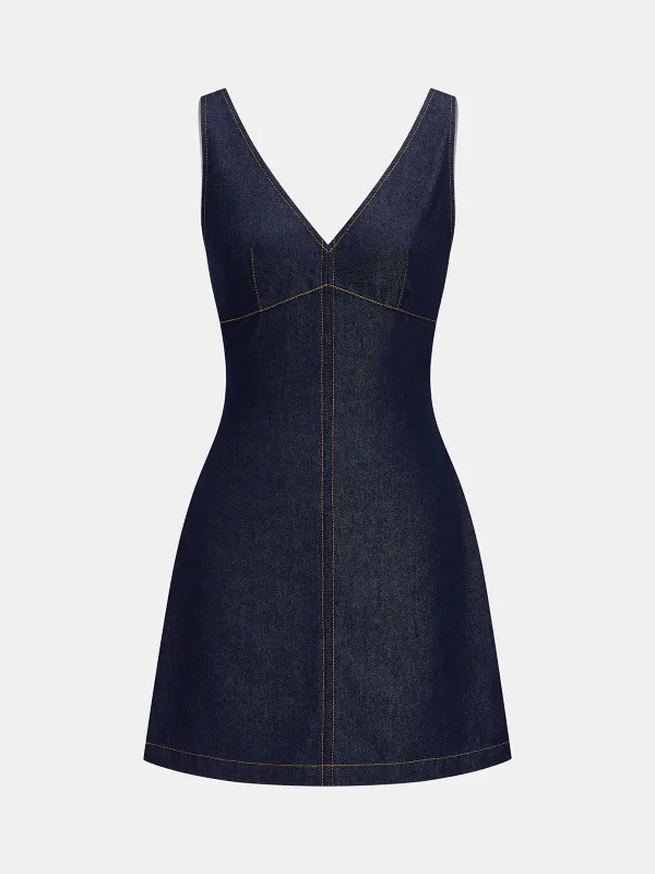 V-Neck Sleeveless Back Zipper Denim Mini Dress made by COMMENSE