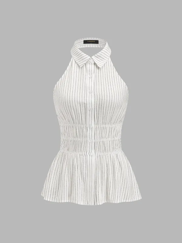 Linen Blend Striped Smocked Halter Blouse made by COMMENSE