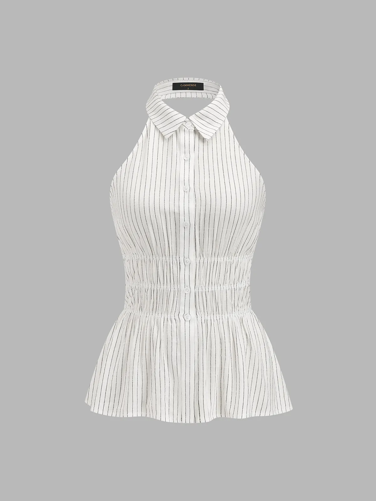 Linen Blend Striped Smocked Halter Blouse sold by COMMENSE