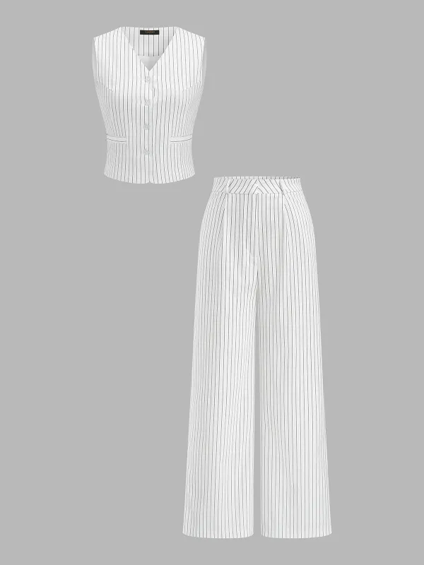 Pinstriped V-Neck Vest & Wide Leg Pants Set made by COMMENSE