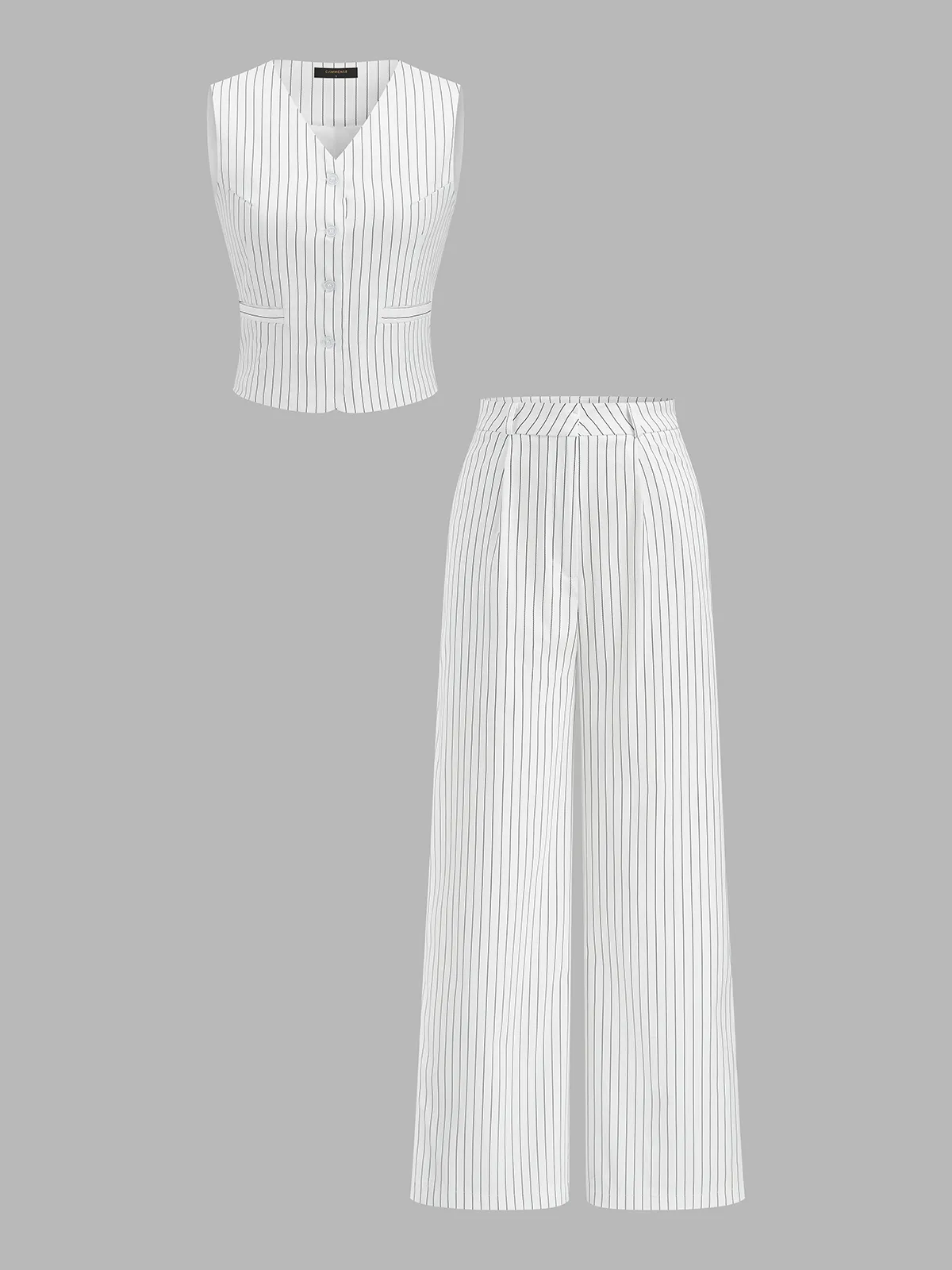 Pinstriped V-Neck Vest & Wide Leg Pants Set sold by COMMENSE