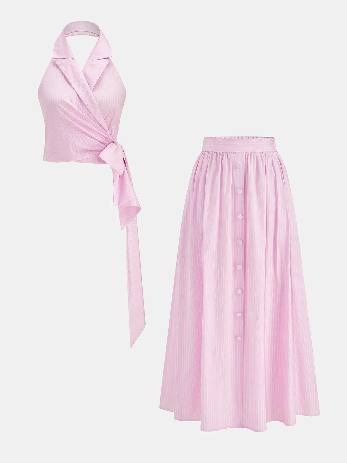 Striped Halter Wrap Crop Top & Midi Skirt Set sold by COMMENSE
