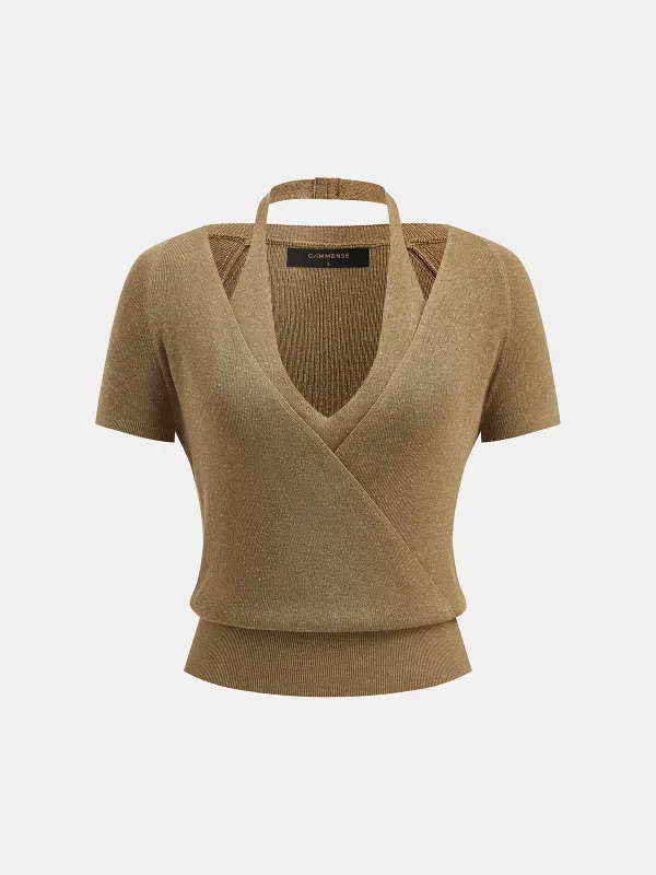 Halter Wrap Short Sleeve Knit Top made by COMMENSE
