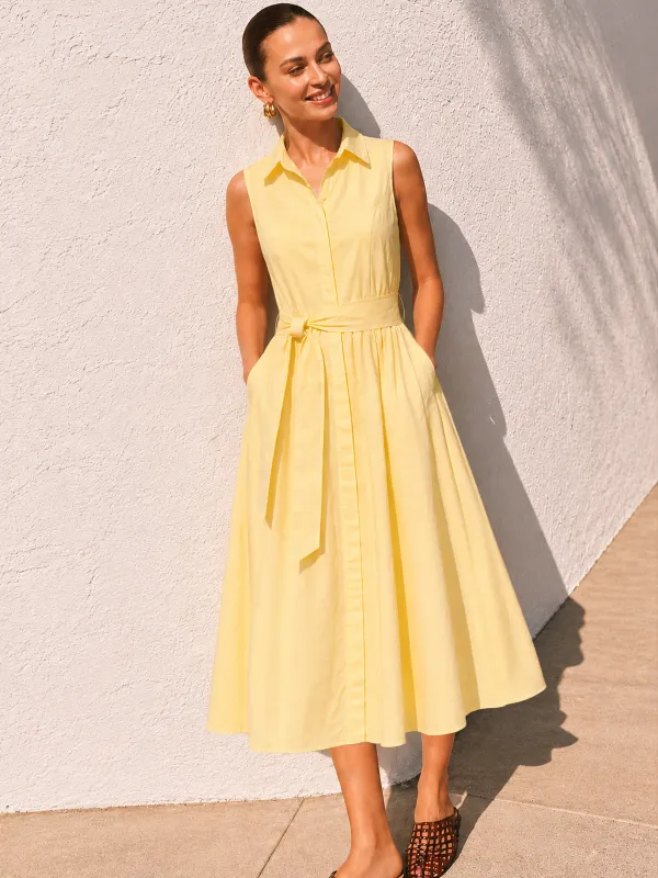 Sleeveless Belted Pocketed Midi Shirt Dress made by COMMENSE