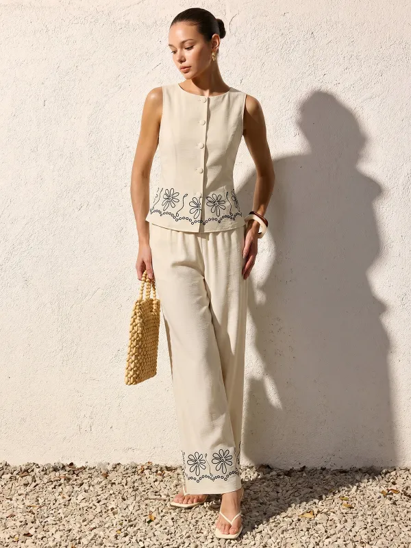 Floral Embroidered Two Piece Pants Set made by COMMENSE