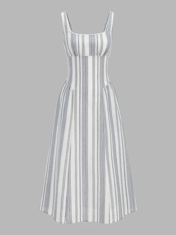 Lace Trim Square Neck Striped Midi Dress made by COMMENSE