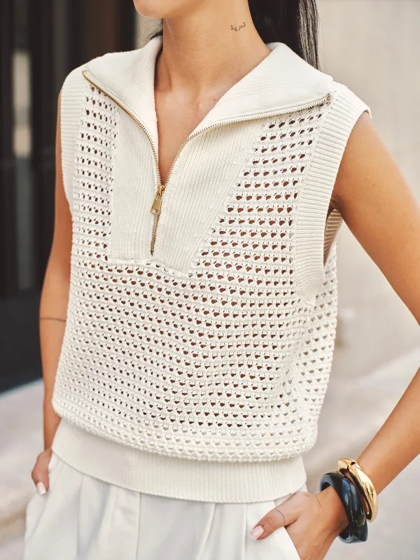 Open-Knit Half-Zip Sleeveless Sweater Vest made by COMMENSE