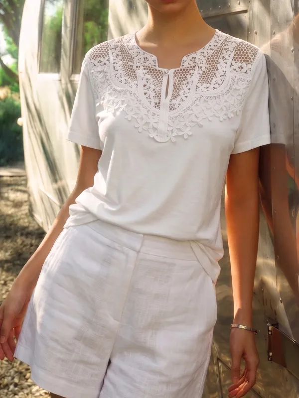 Pearl Detail Lace Yoke Blouse made by COMMENSE