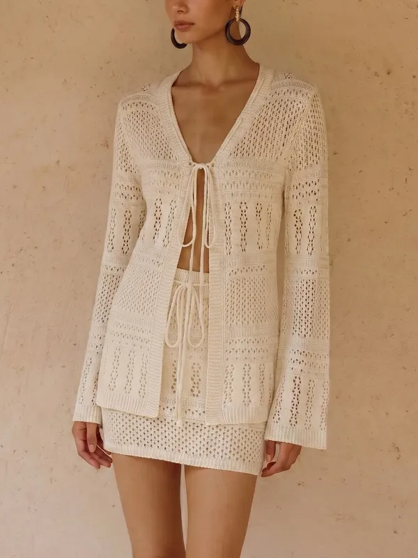 Crochet Knit Cardigan & Mini Skirt Set made by COMMENSE