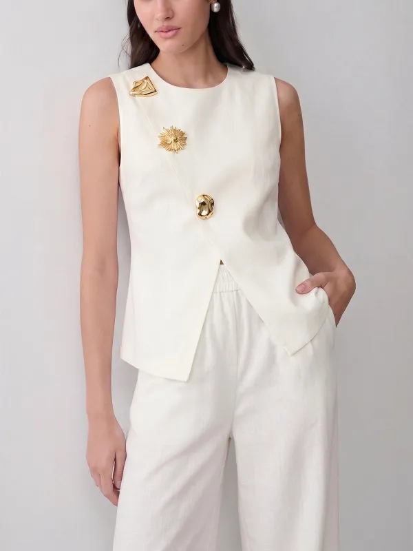 Cotton Linen Asymmetrical Vest & Pants Set made by COMMENSE