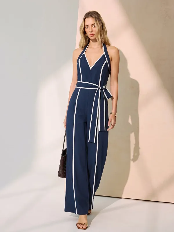 Contrast Trim Belted Cotton Linen Jumpsuit made by COMMENSE