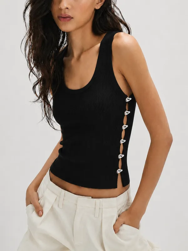 Side Cutout Ribbed Knit Tank Top made by COMMENSE