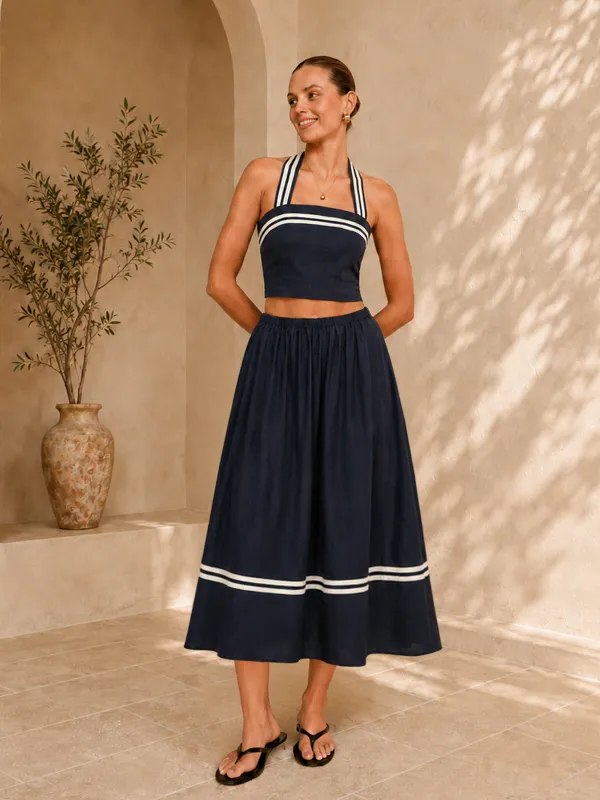 Cotton Linen Halter Top & Midi Skirt Set made by COMMENSE