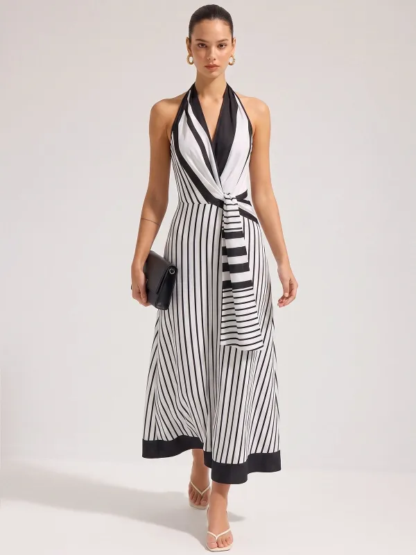 Striped Halter Wrap Maxi Dress made by COMMENSE