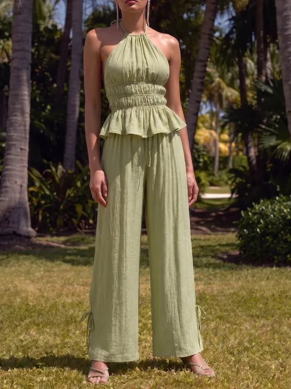 Halter Smocked Peplum Top & Pants Set made by COMMENSE