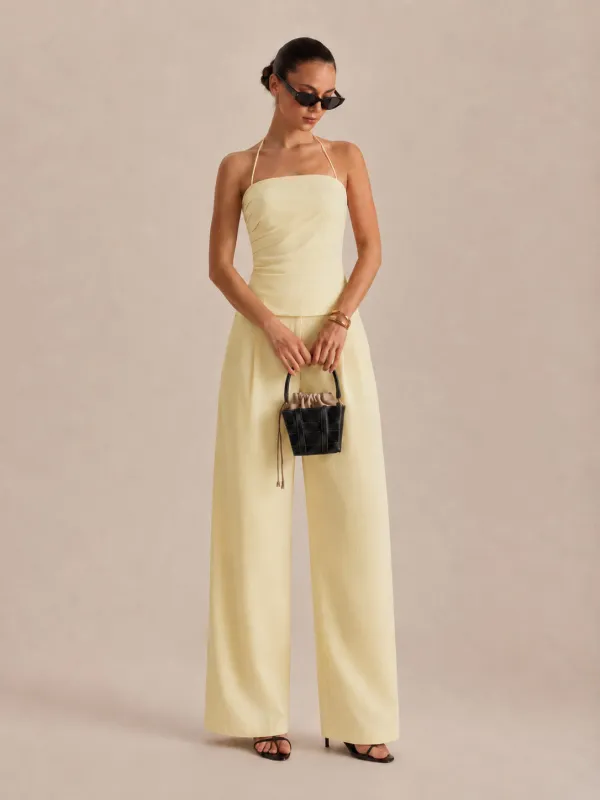 Ruched Halter Top & Wide Leg Pants Set made by COMMENSE