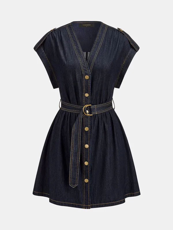 Belted Button Down Denim Mini Dress made by COMMENSE