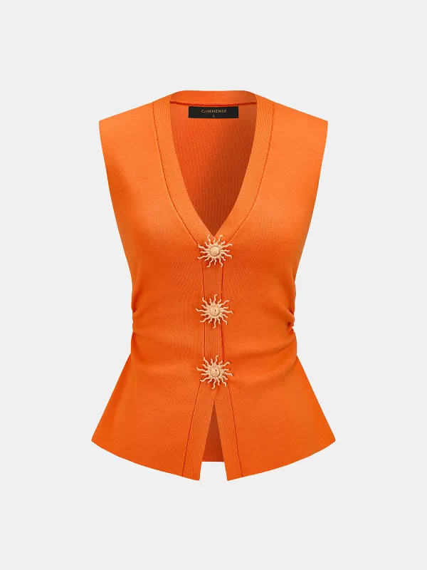 Sunburst Decorative V-Neck Knit Vest made by COMMENSE