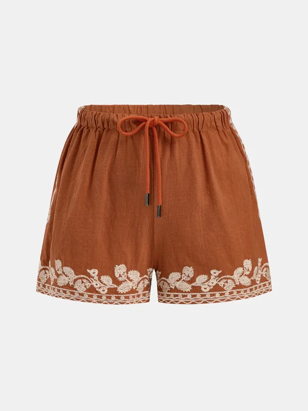 Embroidered Cotton Linen Drawstring Shorts made by COMMENSE