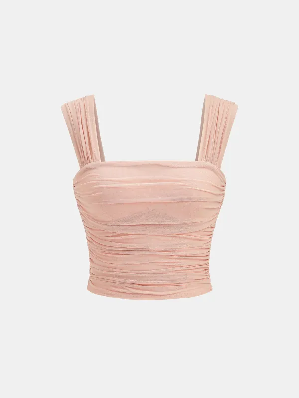 Semi-Sheer Ruched Mesh Crop Top made by COMMENSE