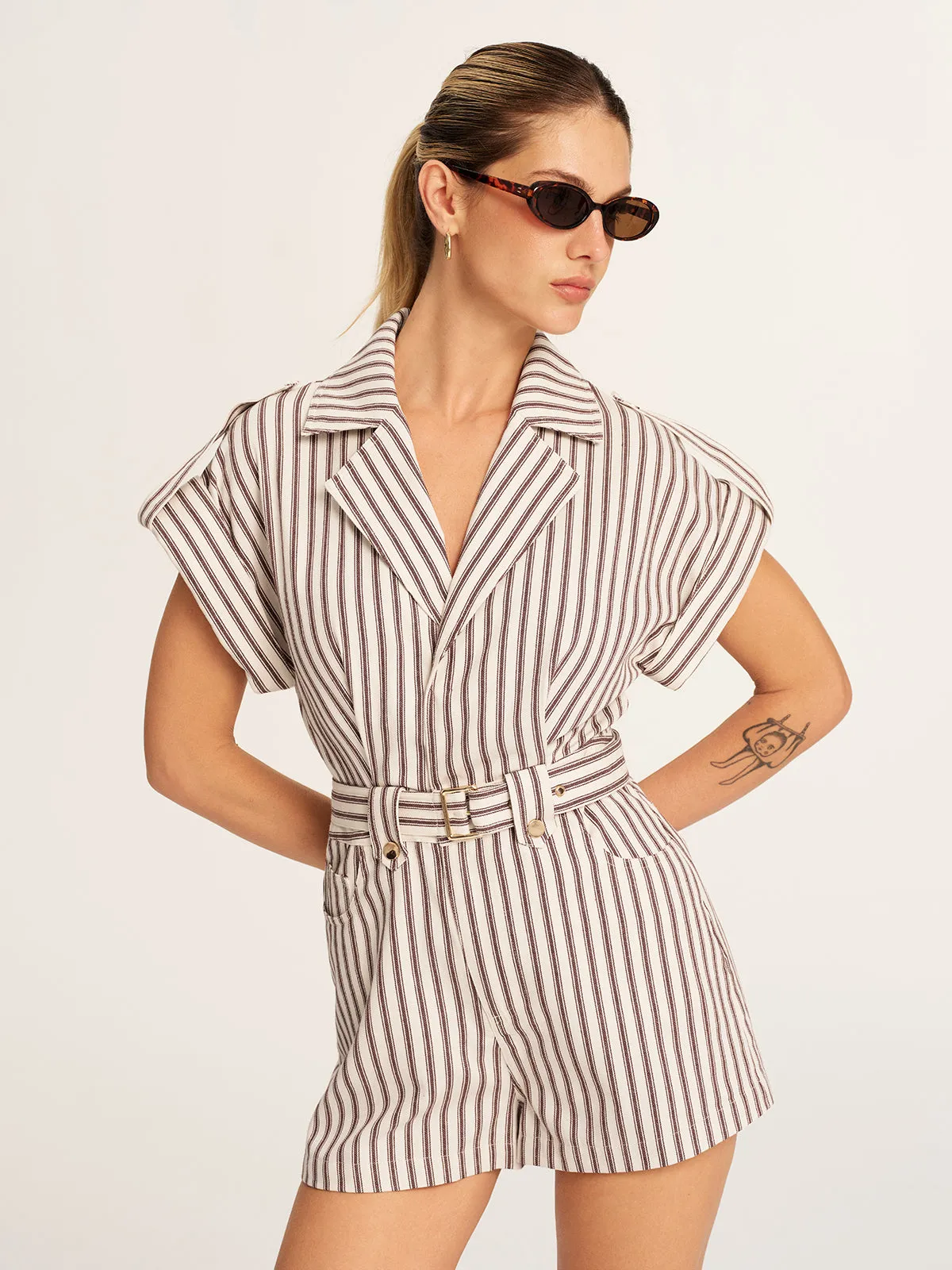 Cotton Striped Belted Lapel Romper sold by COMMENSE product image thumbnail 5