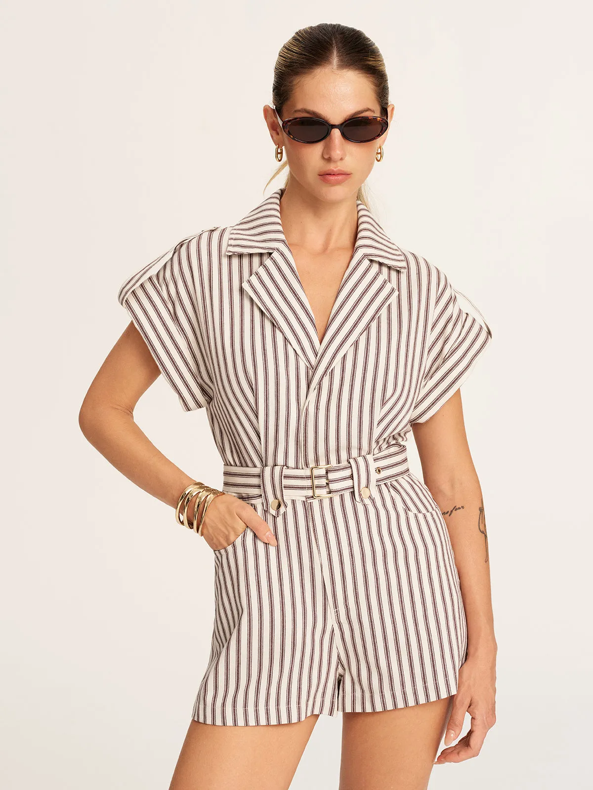 Cotton Striped Belted Lapel Romper sold by COMMENSE product image thumbnail 3