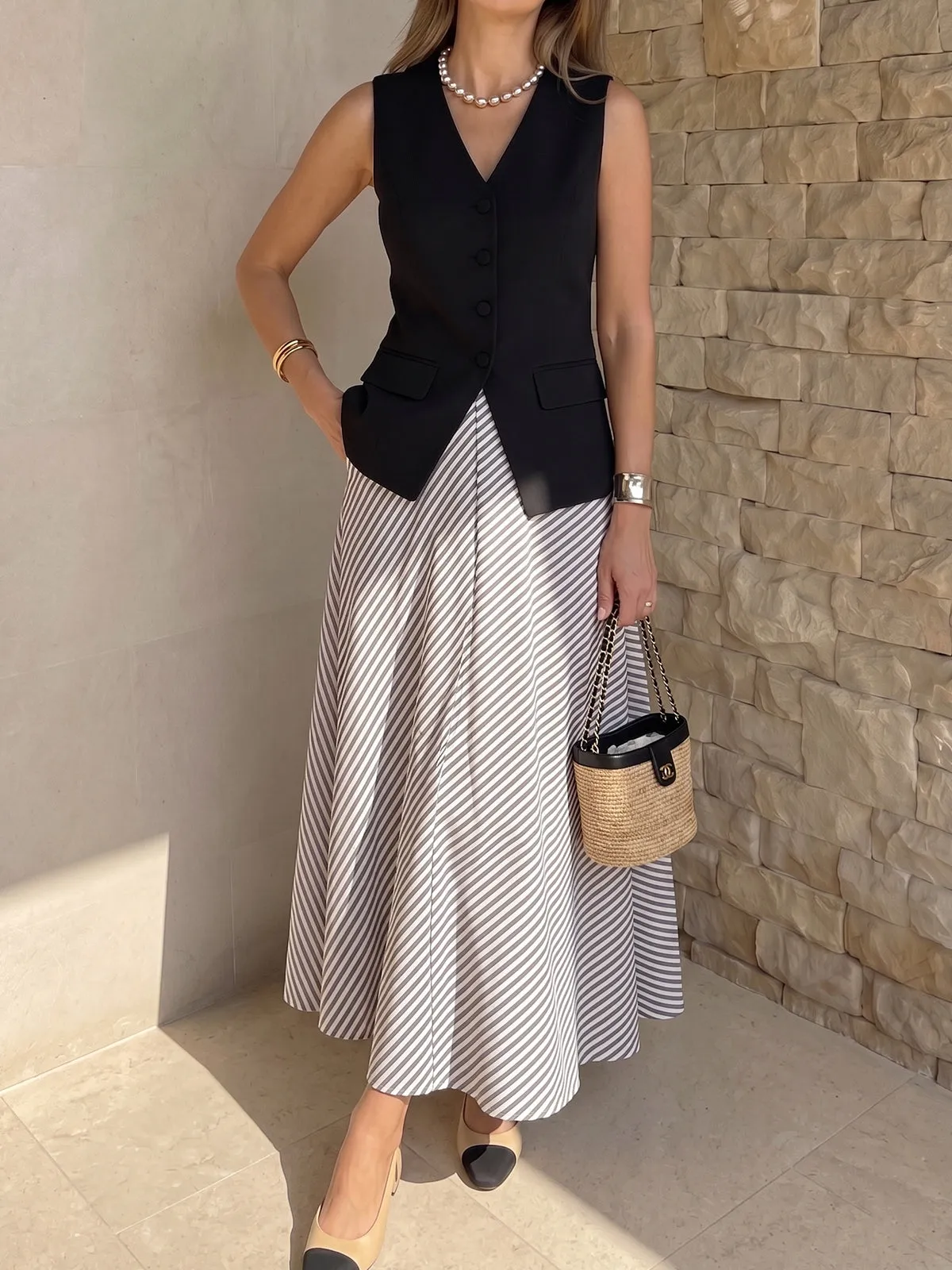 Tailored Vest & Striped Maxi Skirt Set sold by COMMENSE product image thumbnail 4