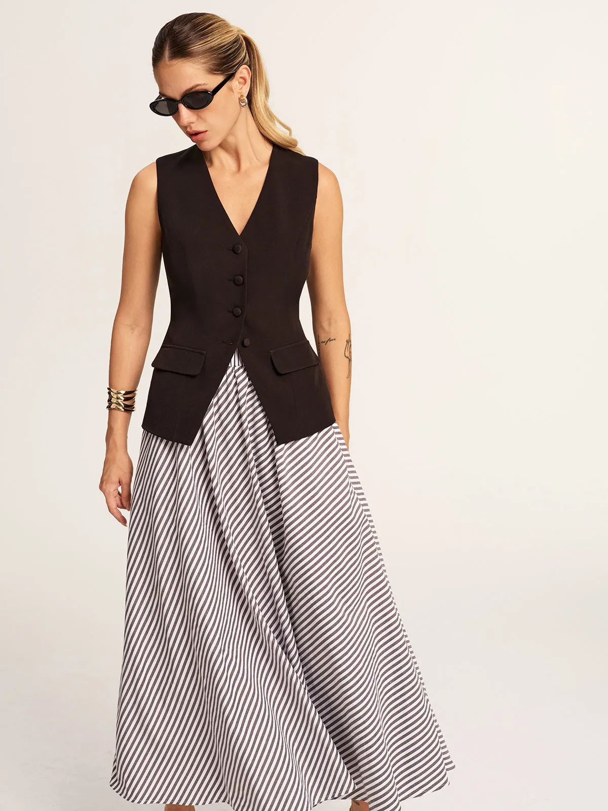Tailored Vest & Striped Maxi Skirt Set sold by COMMENSE