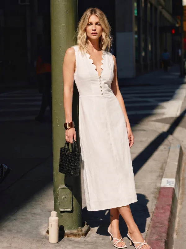 Scalloped Neckline Cotton Linen Midi Dress made by COMMENSE