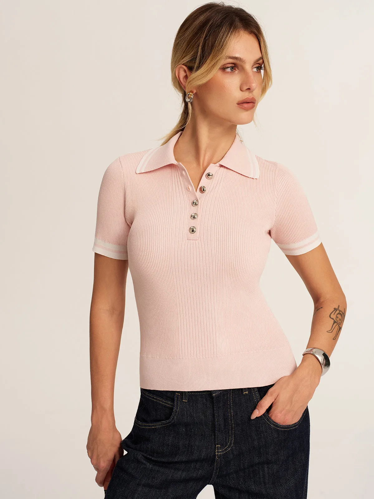 Short Sleeve Ribbed Knit Polo Top sold by COMMENSE product image thumbnail 5