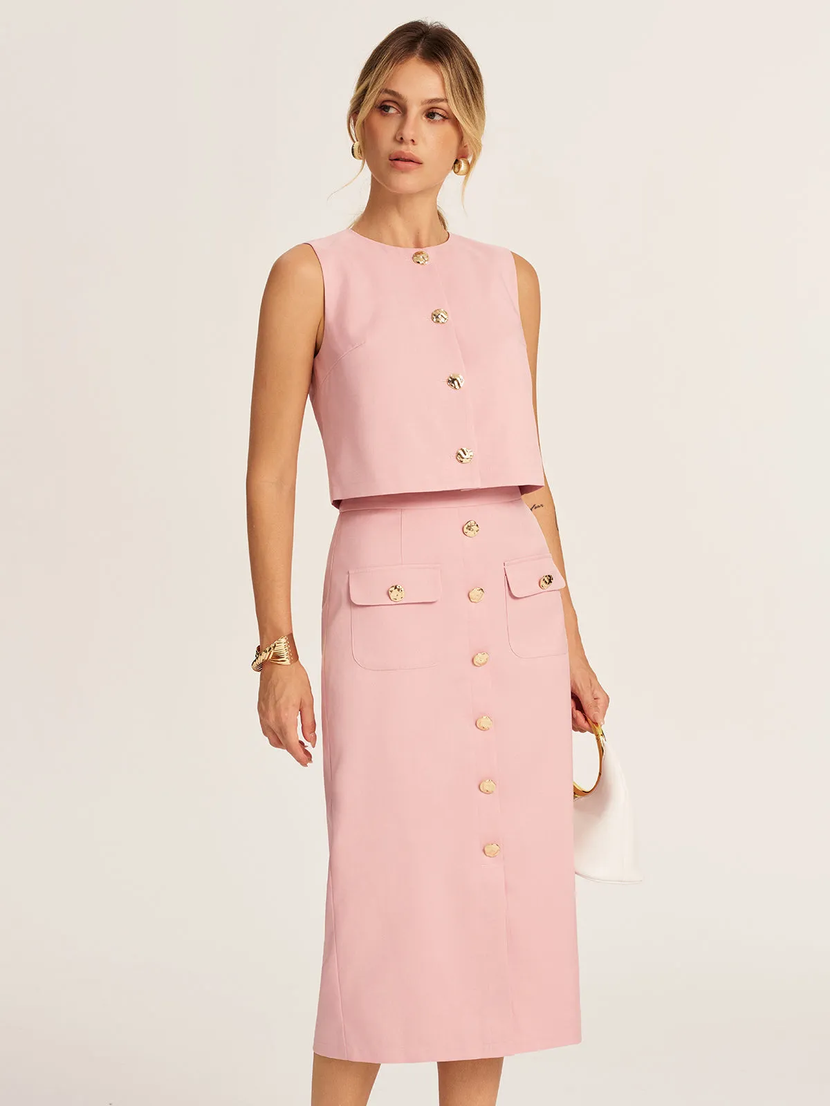 Metal Button Cropped Vest & Midi Skirt Set sold by COMMENSE product image thumbnail 4