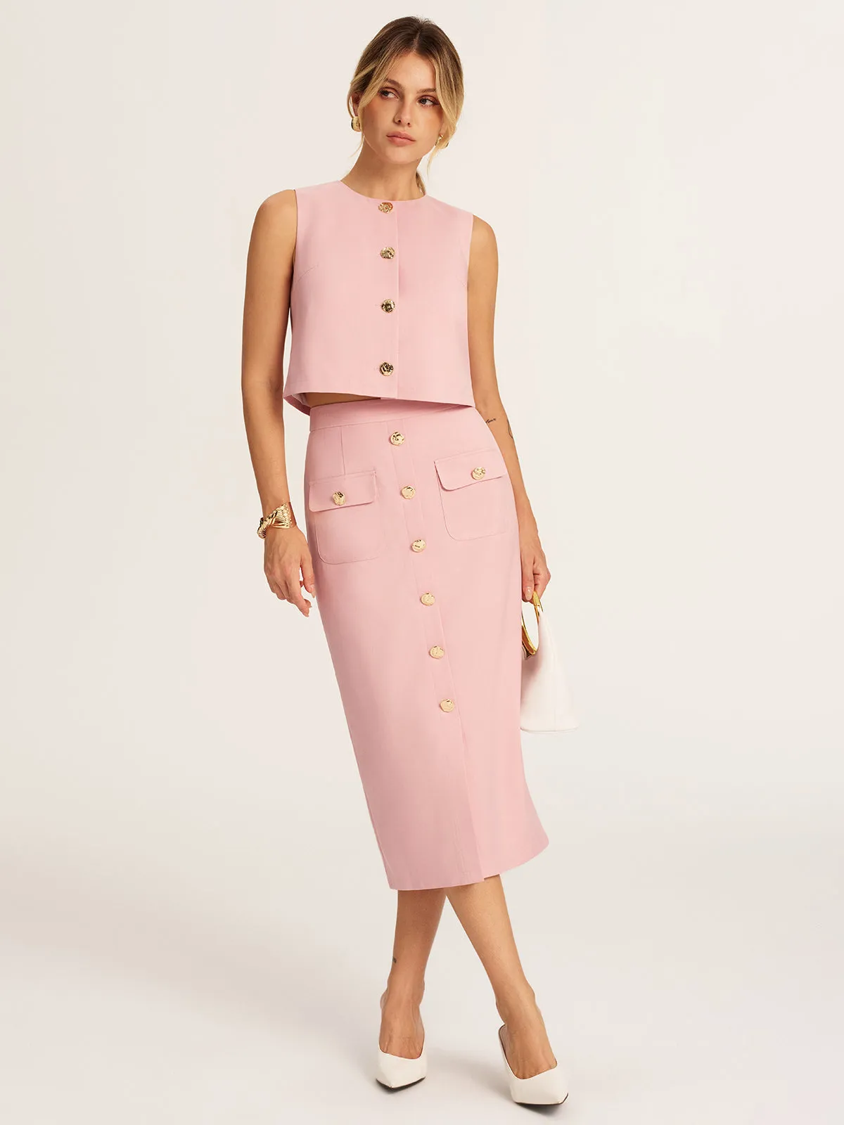 Metal Button Cropped Vest & Midi Skirt Set sold by COMMENSE