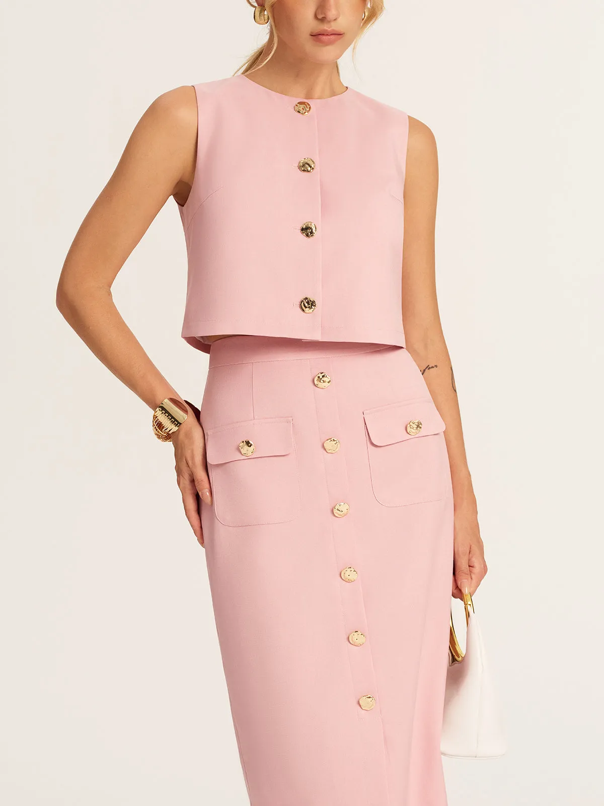 Metal Button Cropped Vest & Midi Skirt Set sold by COMMENSE product image thumbnail 5