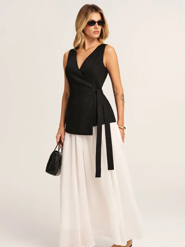 Linen Blend V-Neck Wrap Tie Vest made by COMMENSE