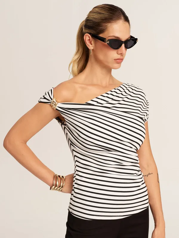 Striped Asymmetrical Off-Shoulder Top made by COMMENSE