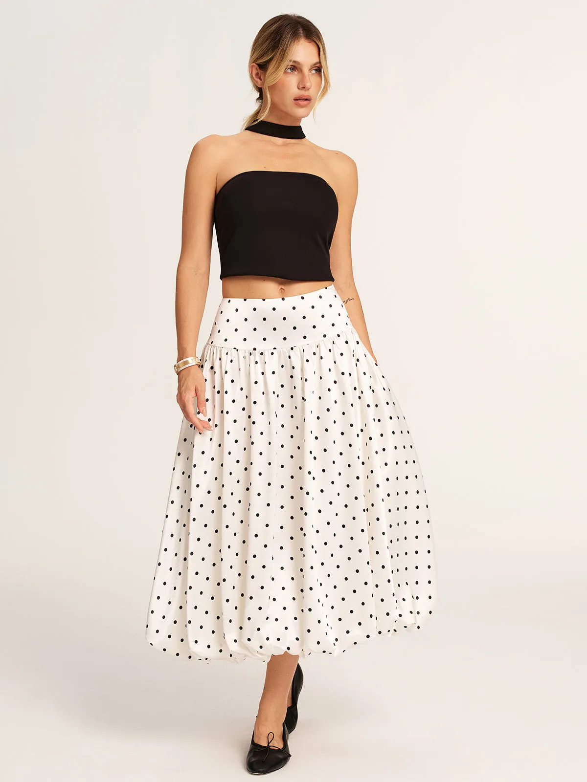 Polka Dot Bubble Hem Midi Skirt sold by COMMENSE
