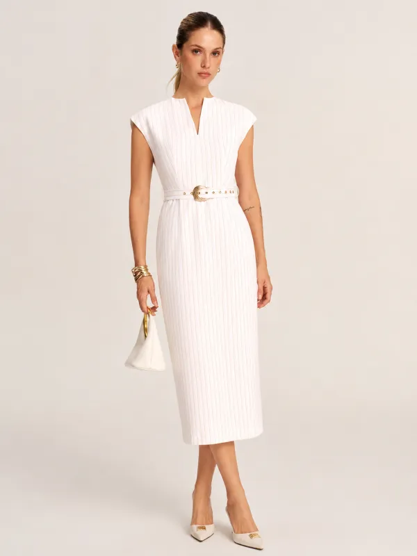 Sleeveless Notch Neck Striped Belted Midi Dress made by COMMENSE