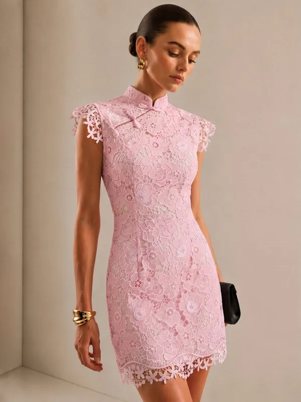 Frog Button Guipure Lace Cheongsam Mini Dress made by COMMENSE