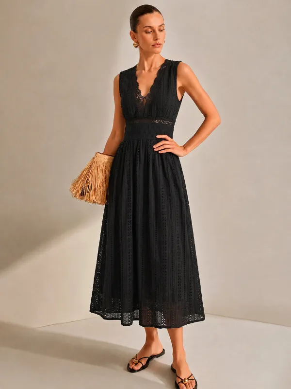 Lace Trim V-Neck Eyelet Maxi Dress made by COMMENSE