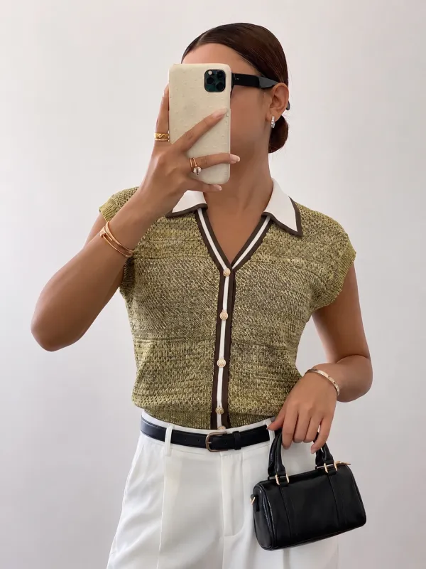 Contrast Trim Textured Knit Top made by COMMENSE