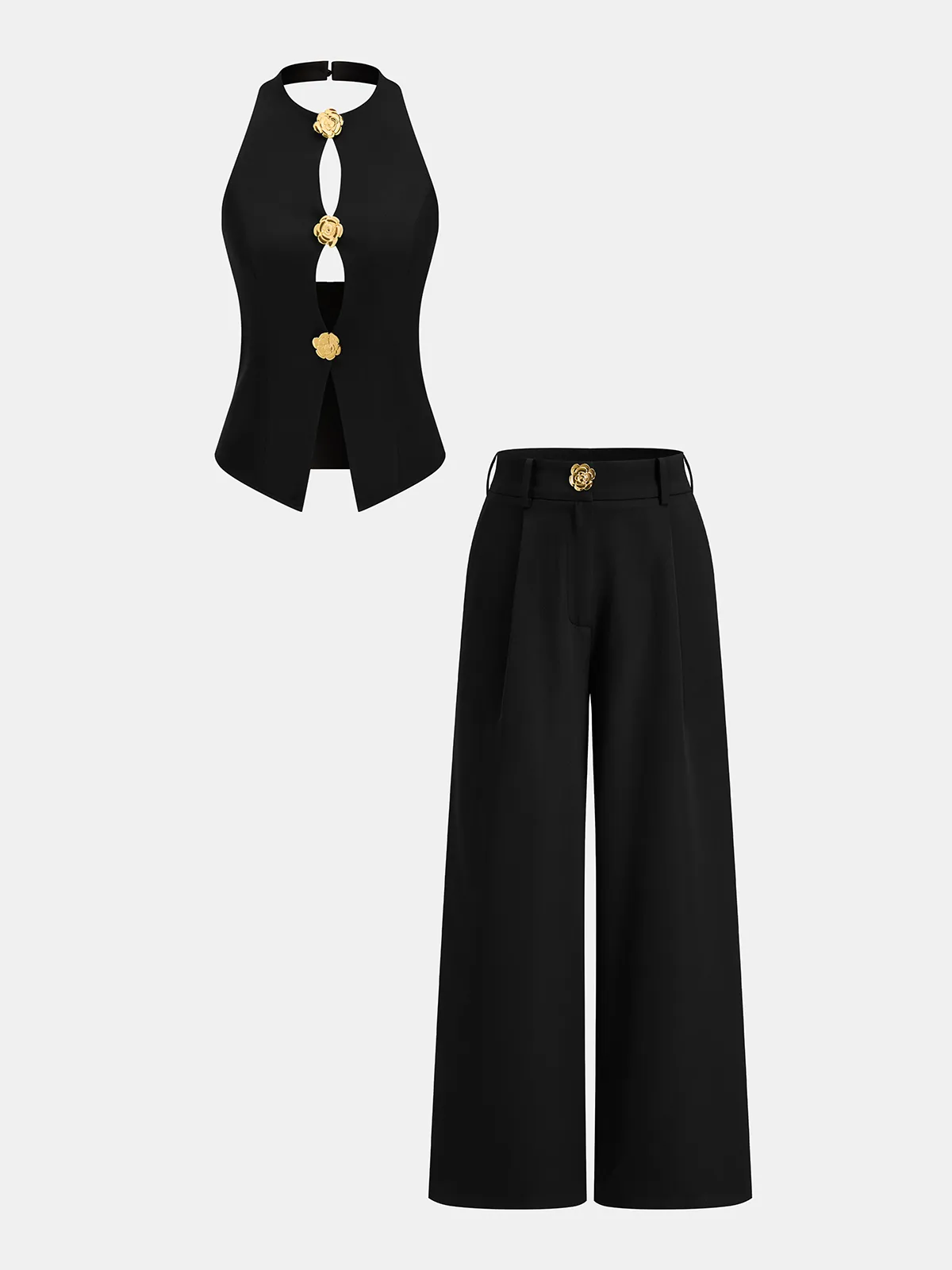 Rose Detail Cut-Out Halter Top & Pants Set sold by COMMENSE product image thumbnail 2