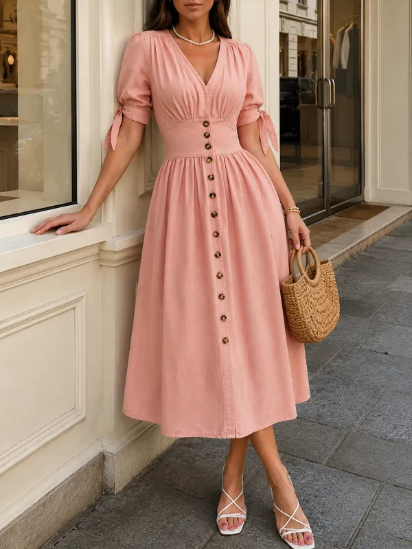 Tie Sleeve Denim Button-Front Midi Dress made by COMMENSE