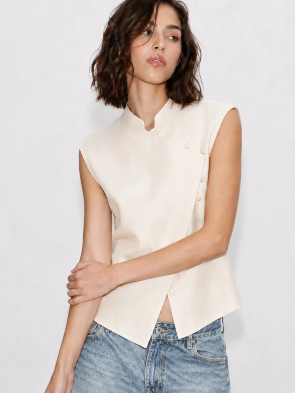 Sleeveless Mandarin Collar Asymmetric Blouse made by COMMENSE
