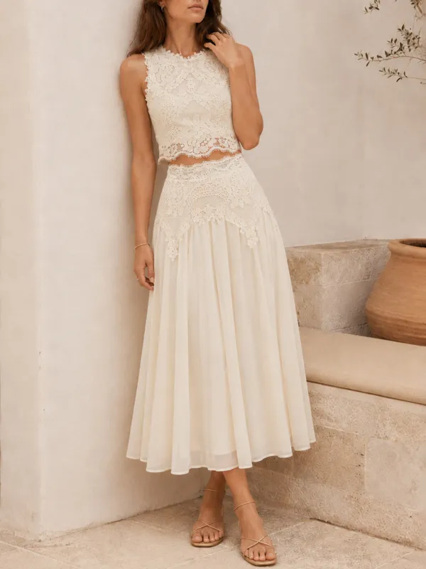 Semi-Sheer Lace Trimmed Chiffon Midi Skirt made by COMMENSE