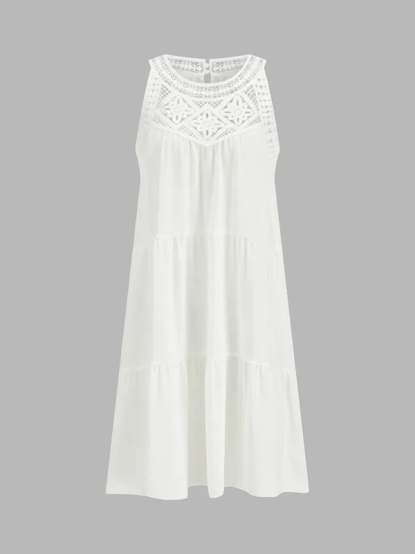 Crochet Lace Yoke Tiered Sleeveless Dress made by COMMENSE