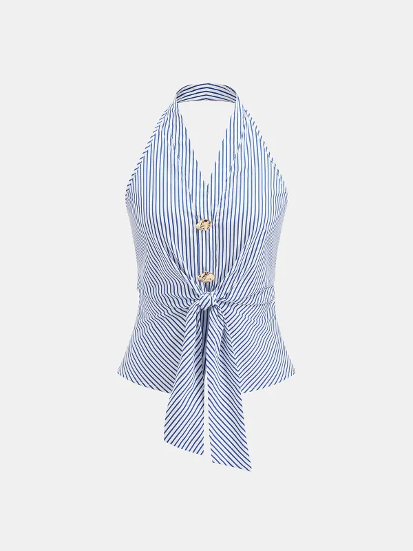 Striped Tie-Front Halter Top made by COMMENSE